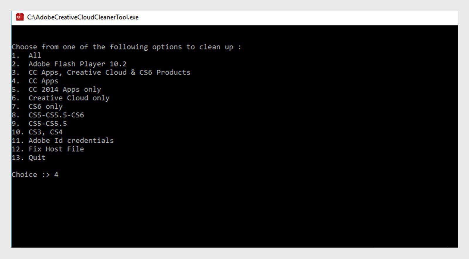 A ferramenta Creative Cloud Cleaner no Windows exibe as diversas operações de limpeza. Você pode limpar produtos individuais da Adobe ou todos os produtos e corrigir o arquivo host usando a ferramenta.