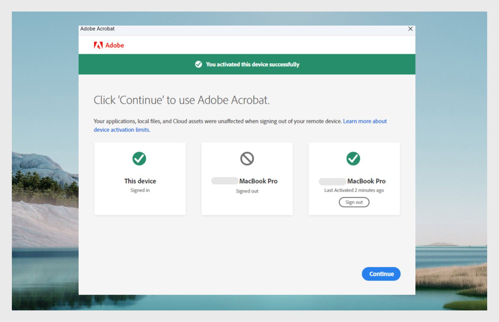 Прозорецът на настолната версия Creative Cloud показва съобщение за активиране, указващо броя на устройствата, в които потребителят е влязъл.