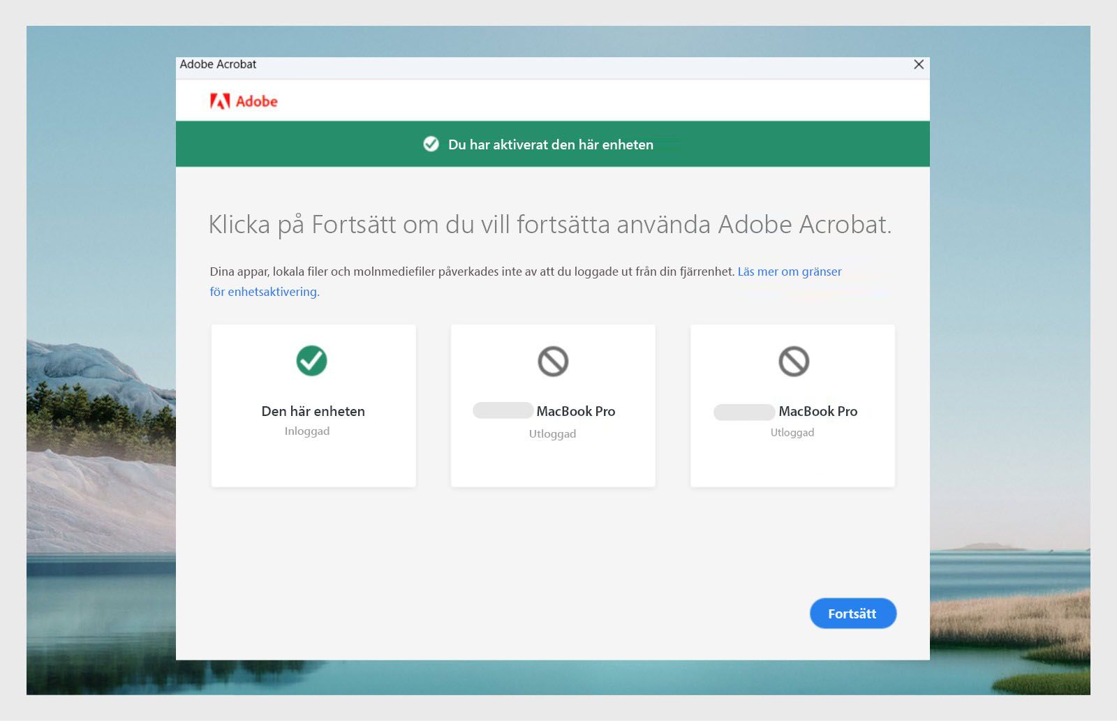 Creative Cloud-programfönstret visar ett aktiveringsmeddelande som anger antalet enheter en användare har varit inloggad på.