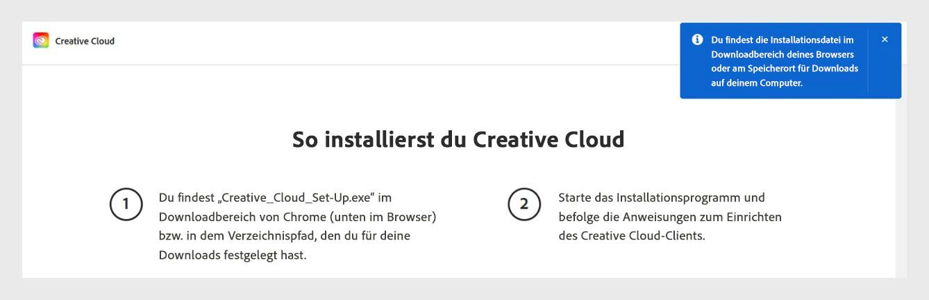 Der Installer des Creative Cloud-Clients zeigt eine Beschreibung, die Benutzer auffordert, den Download-Bereich ihres Browsers nach der Installationsdatei zu überprüfen.