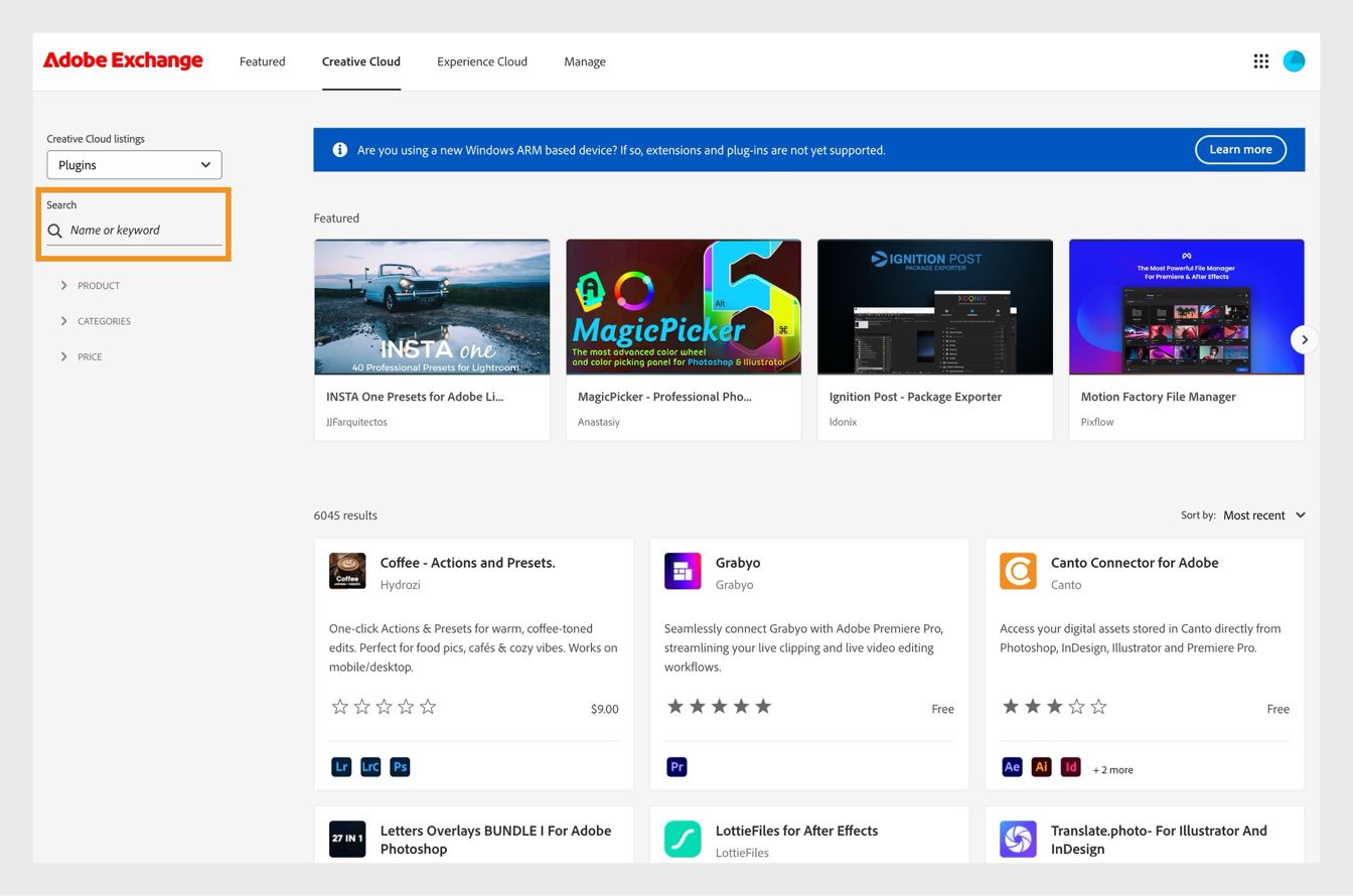 L’onglet Creative Cloud sur Adobe Exchange propose une barre de recherche dans le panneau de gauche que vous pouvez utiliser pour rechercher un plug-in ou une extension par nom ou mot-clé.