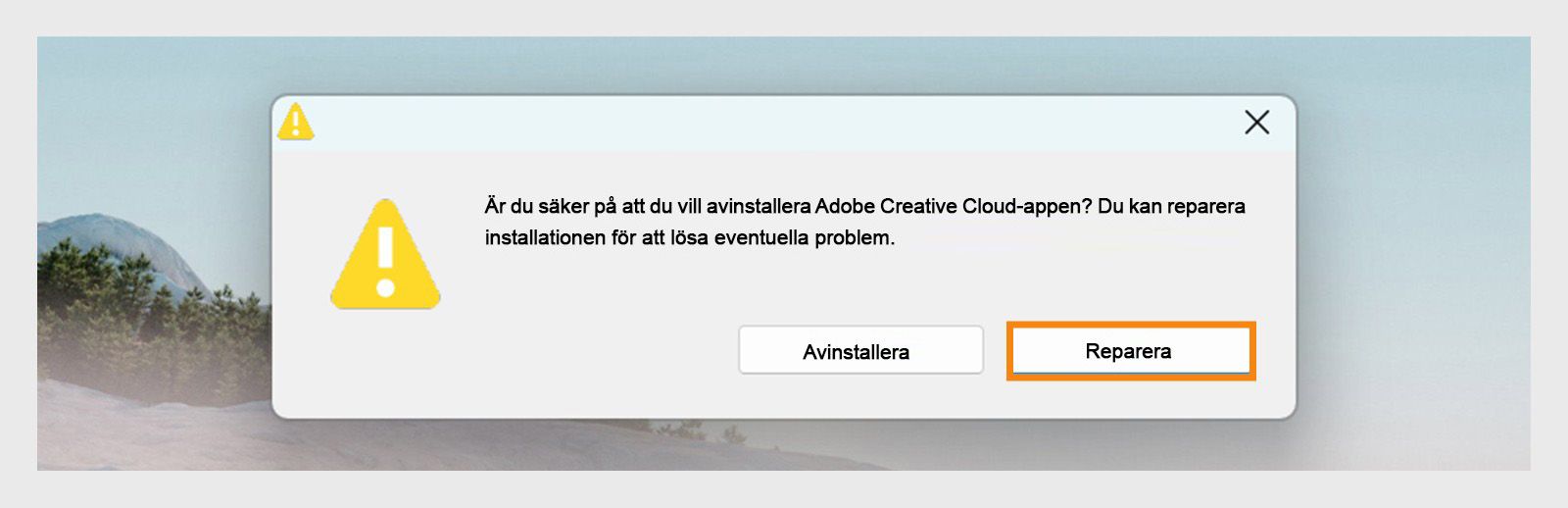 Avinstallationsprogrammet för Creative Cloud visar en bekräftelsedialog med alternativ för att avinstallera eller reparera datorprogrammet i Windows.