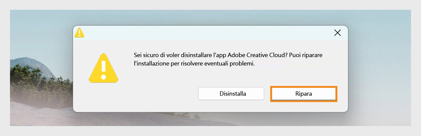 Il programma di disinstallazione di Creative Cloud visualizza una finestra di dialogo di conferma con le opzioni per disinstallare o riparare l'app desktop su Windows.