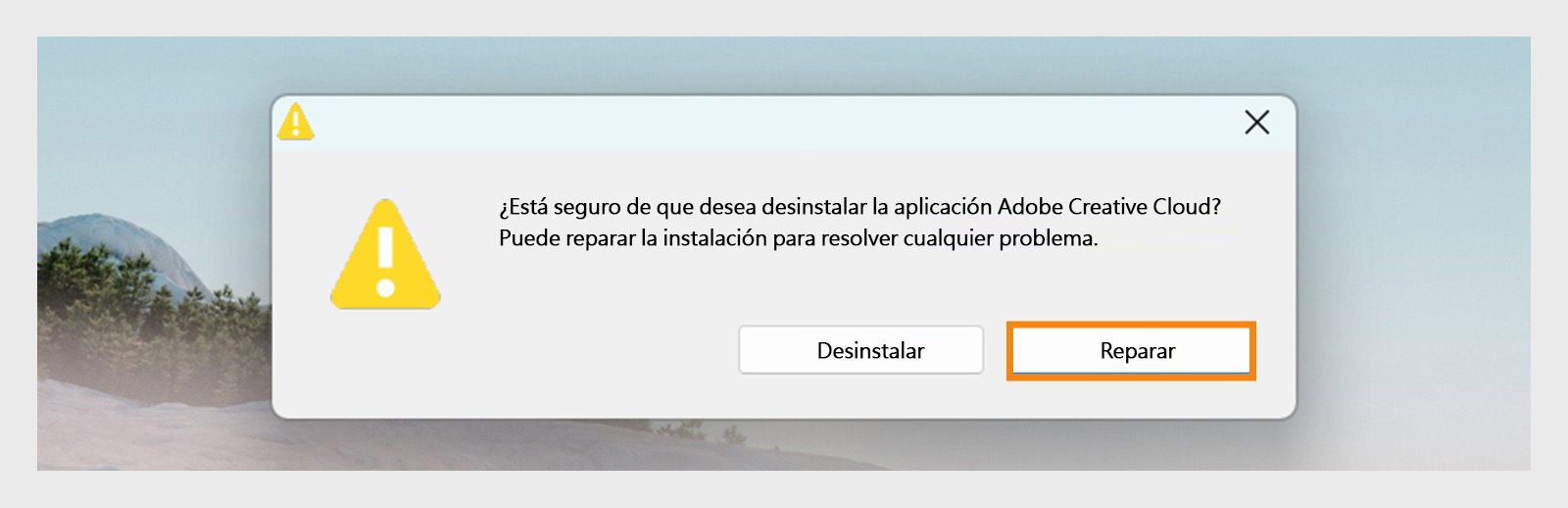 El programa de desinstalación de Creative Cloud muestra un cuadro de diálogo de confirmación con opciones para desinstalar o reparar la aplicación de escritorio en Windows.