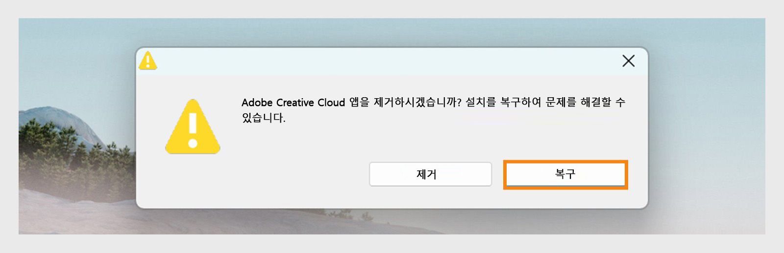 Creative Cloud 제거 관리자에 Windows에서 데스크탑 앱을 제거하거나 복구하는 옵션이 포함된 확인 대화 상자가 표시됩니다.