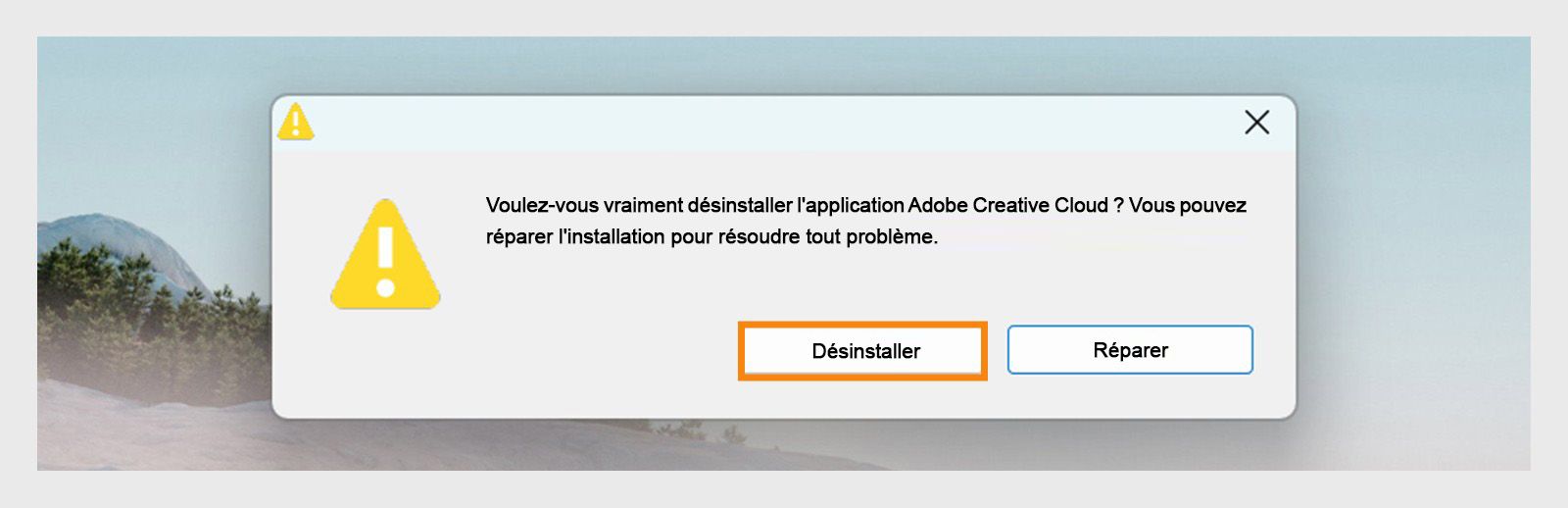 Le programme de désinstallation de Creative Cloud affiche une boîte de dialogue de confirmation avec des options pour désinstaller ou réparer l’application de bureau sous Windows.