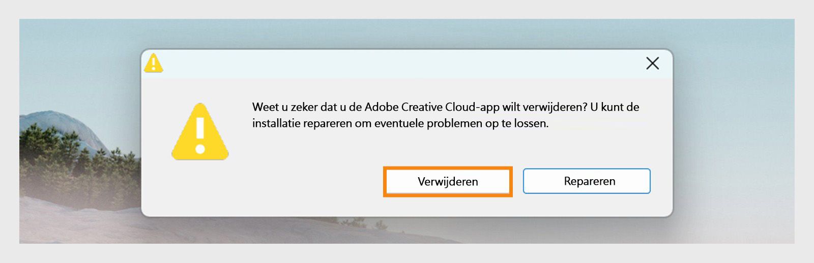 Het verwijderingsprogramma van Creative Cloud geeft een bevestigingsvenster weer met opties om de desktop-app uit Windows te verwijderen of te repareren.