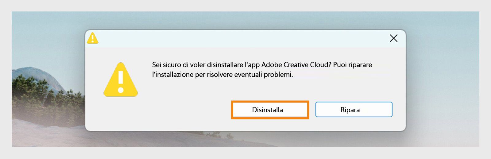 Il programma di disinstallazione di Creative Cloud visualizza una finestra di dialogo di conferma con le opzioni per disinstallare o riparare l'app desktop su Windows.