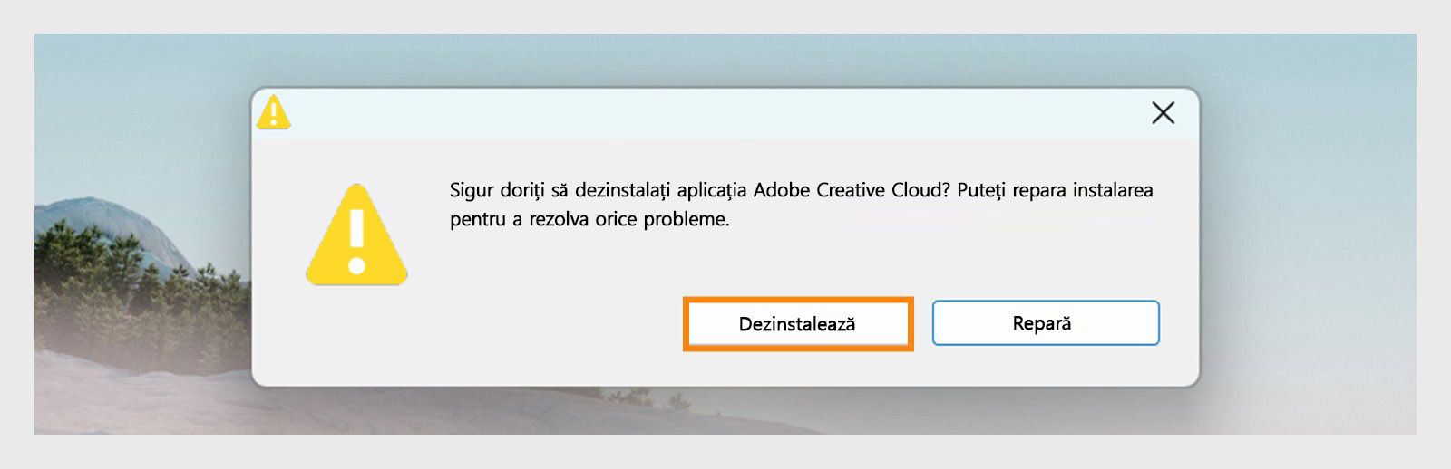 Programul de dezinstalare Creative Cloud afișează o casetă de dialog de confirmare cu opțiuni de Dezinstalare sau Reparare a aplicației desktop pe Windows.