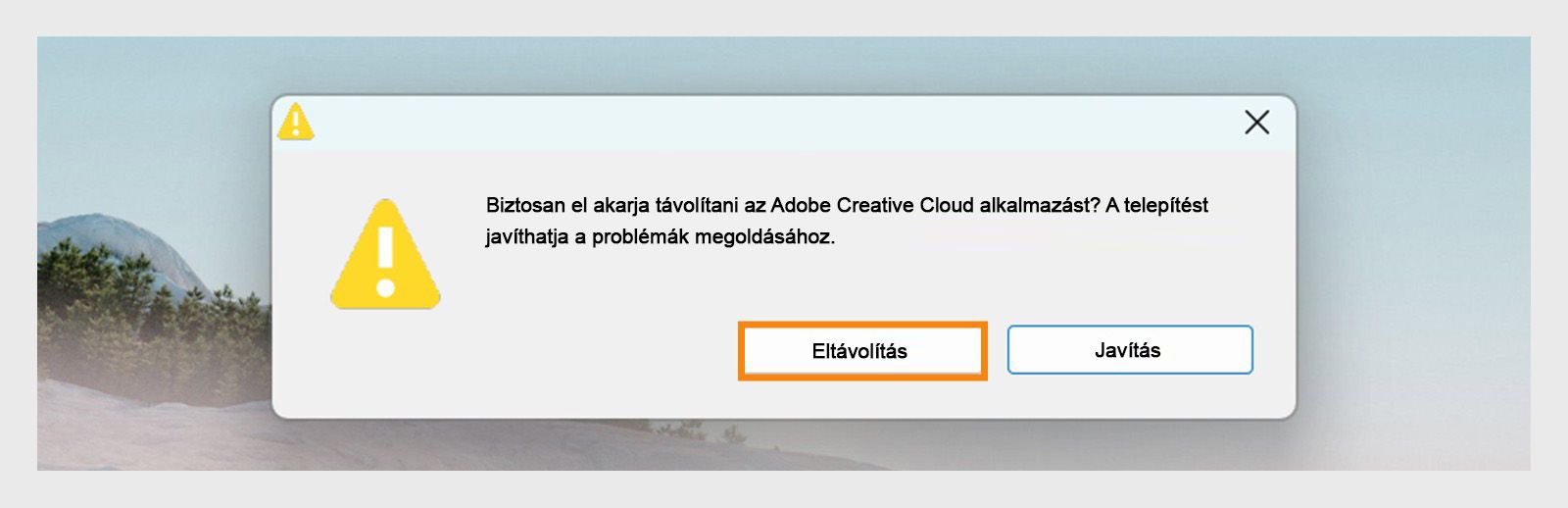 A Creative Cloud eltávolítója megjelenít egy megerősítő párbeszédpanelt az asztali alkalmazás eltávolítására vagy javítására vonatkozó lehetőségekkel Windows operációs rendszerben.