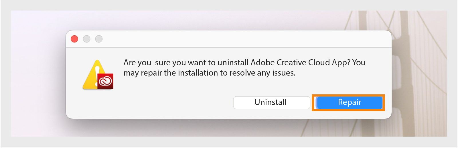 Creative Cloudi desinstaller kuvab kinnituse dialoogiakna, kus on valikud Desinstallida või Parandada töölauarakendus Macis.