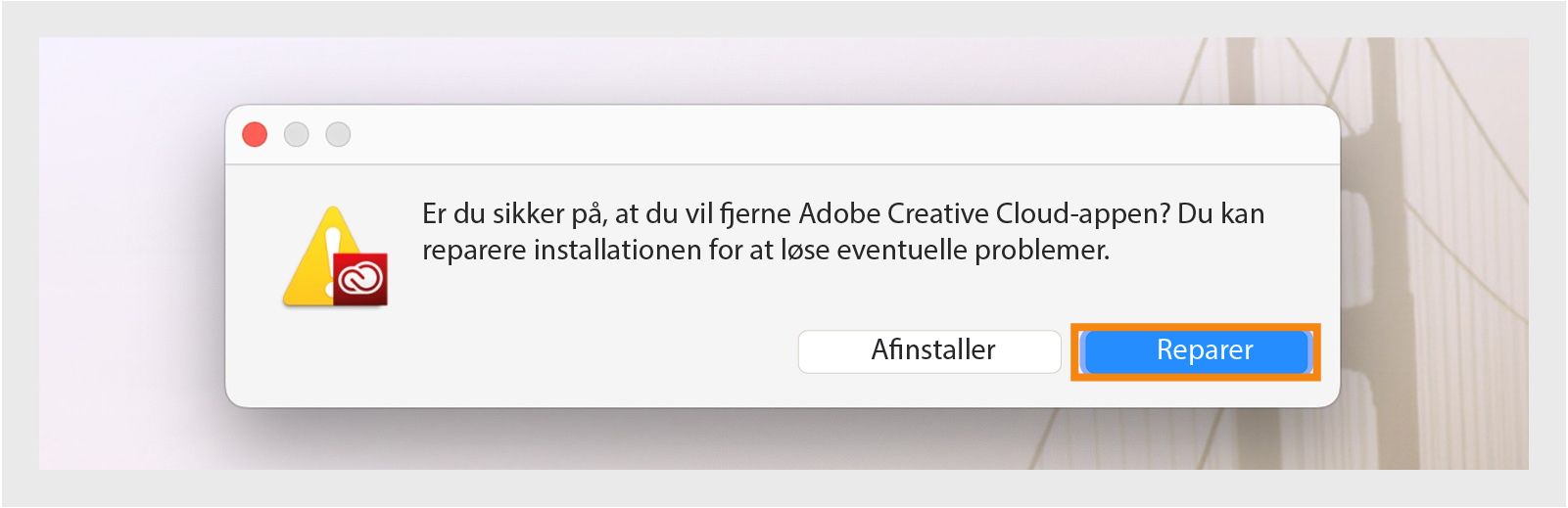 Creative Cloud-afinstallationsprogrammet viser en bekræftelsesdialogboks, hvor du har mulighed for at afinstallere eller reparere computerappen på Mac.