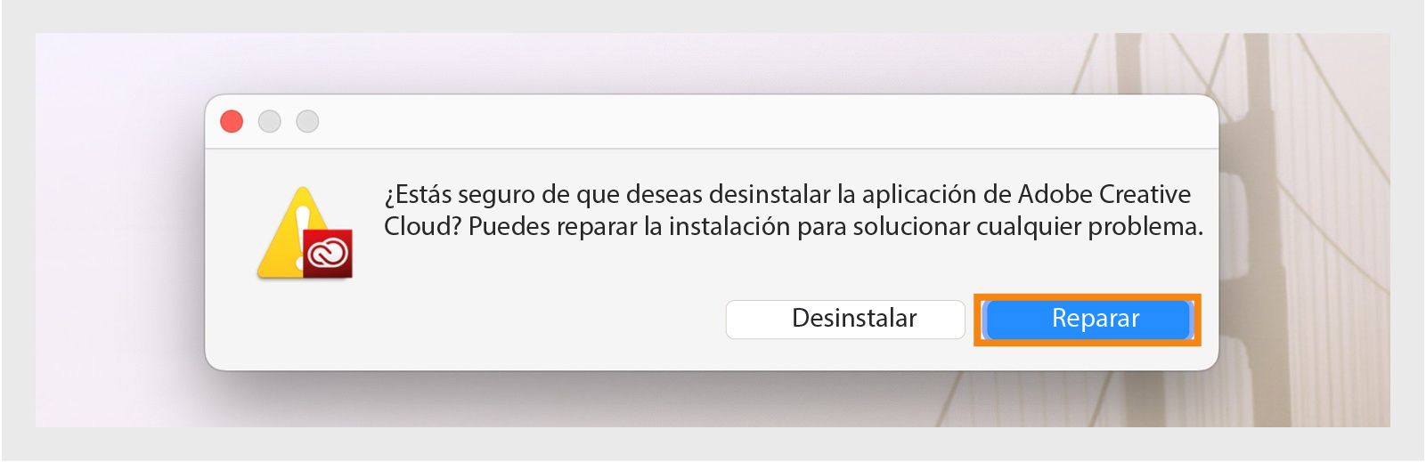 El programa de desinstalación de Creative Cloud muestra un cuadro de diálogo de confirmación con opciones para desinstalar o reparar la aplicación de escritorio en Mac.