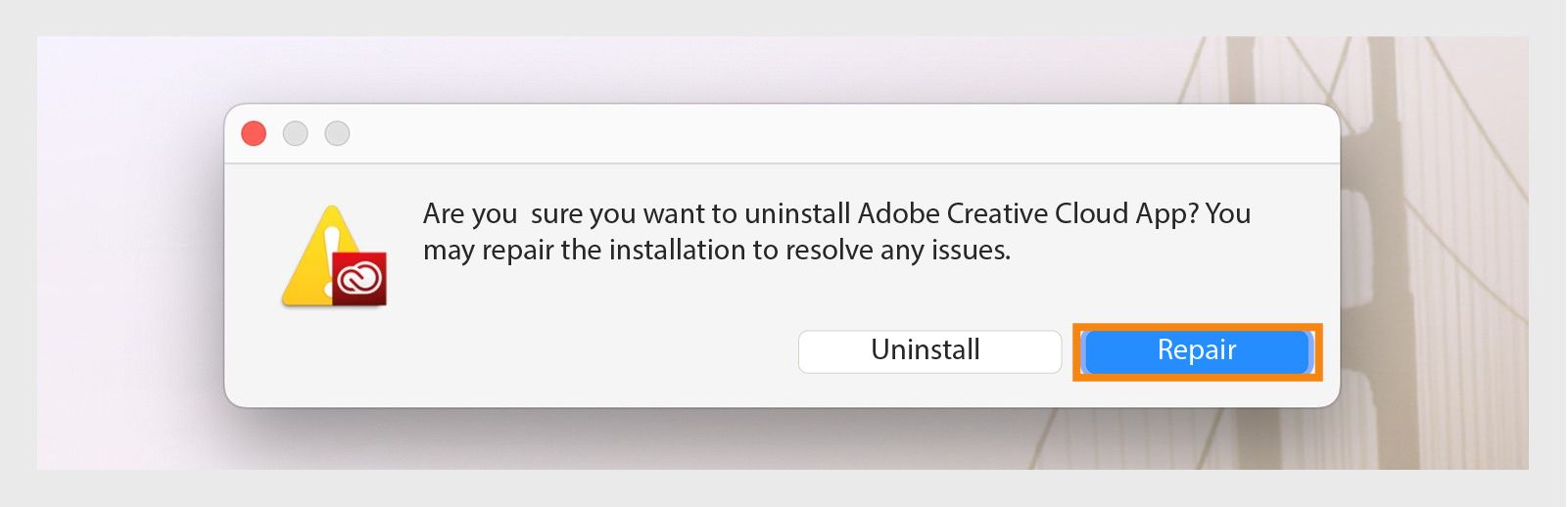 Program za odstranjevanje programa Creative Cloud prikaže potrditveno pogovorno okno z možnostma za odstranitev ali popravilo namiznega programa v računalniku Mac.