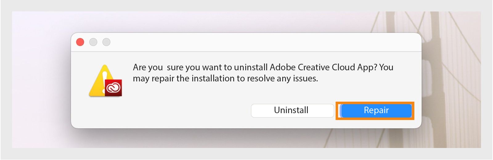 „Creative Cloud“ šalinimo programa rodo patvirtinimo dialogo langą su parinktimis pašalinti arba taisyti programą „Mac“.