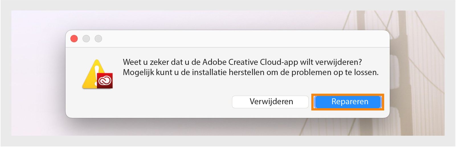 Het verwijderingsprogramma van Creative Cloud geeft een bevestigingsvenster weer met opties om de desktop-app op de Mac te verwijderen of te repareren.