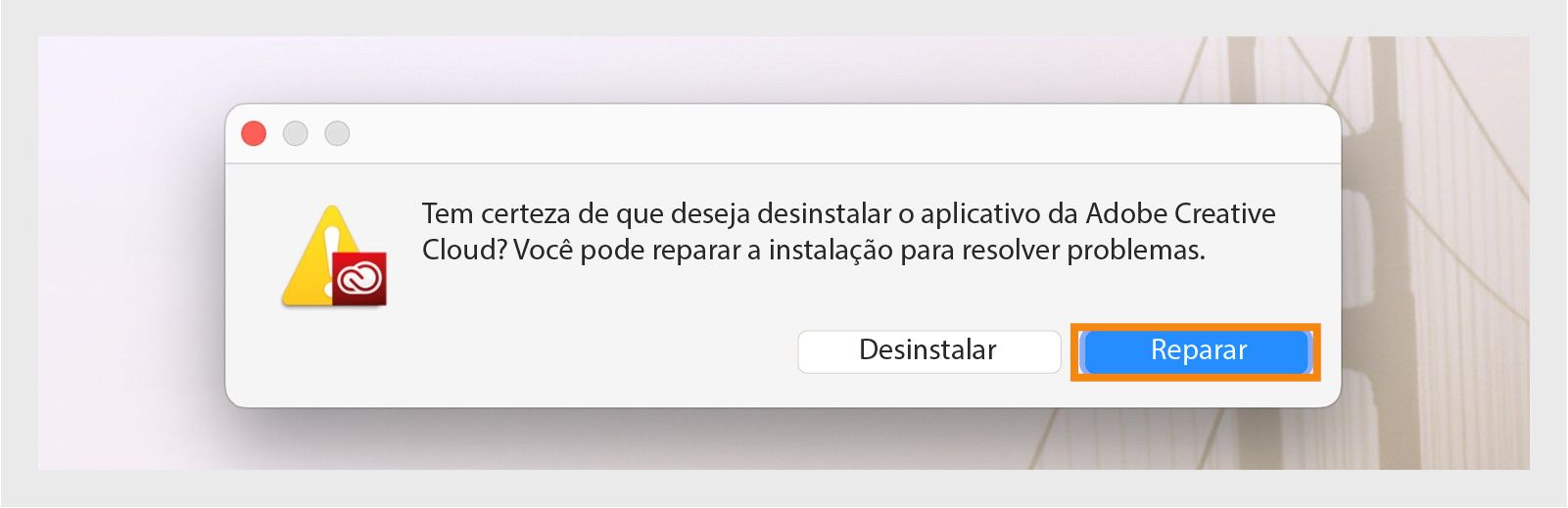 O desinstalador da Creative Cloud exibe uma caixa de diálogo de confirmação com opções para Desinstalar ou Reparar o aplicativo de desktop no Mac.