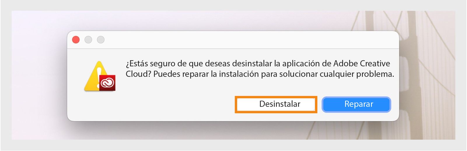 El programa de desinstalación de Creative Cloud muestra un cuadro de diálogo de confirmación con opciones para desinstalar o reparar la aplicación de escritorio en Mac.