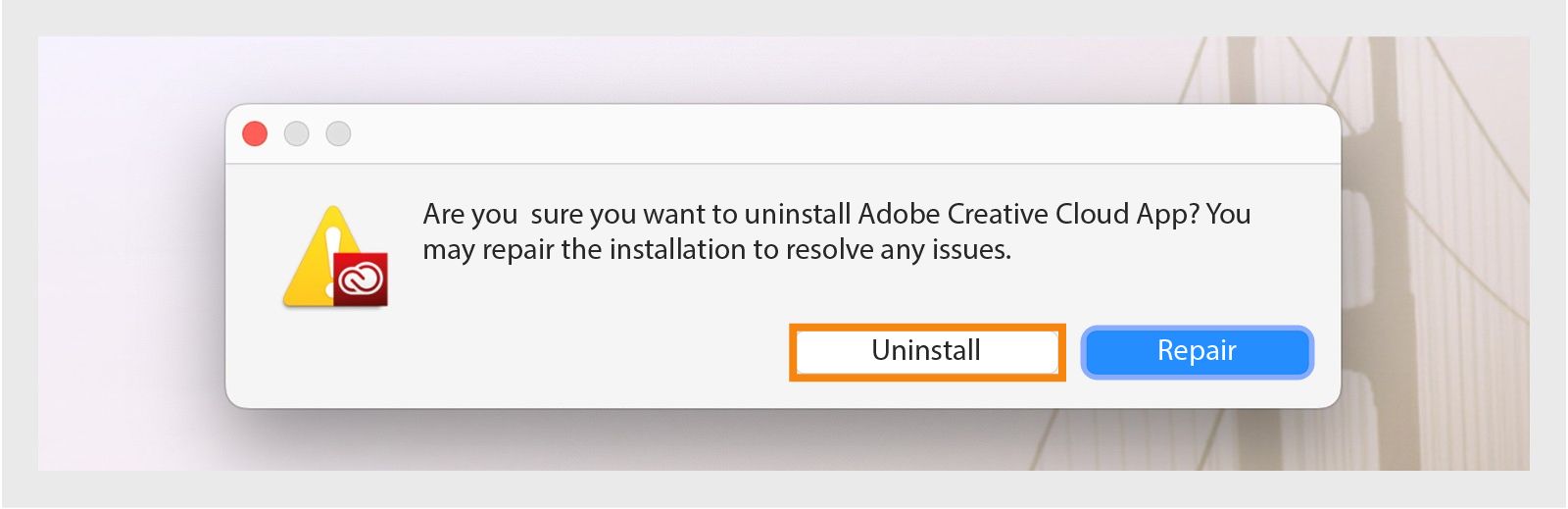 Creative Cloud atinstalētājs parāda apstiprinājuma dialoglodziņu ar opcijām atinstalēt vai labot datora lietotni operētājsistēmā Mac.