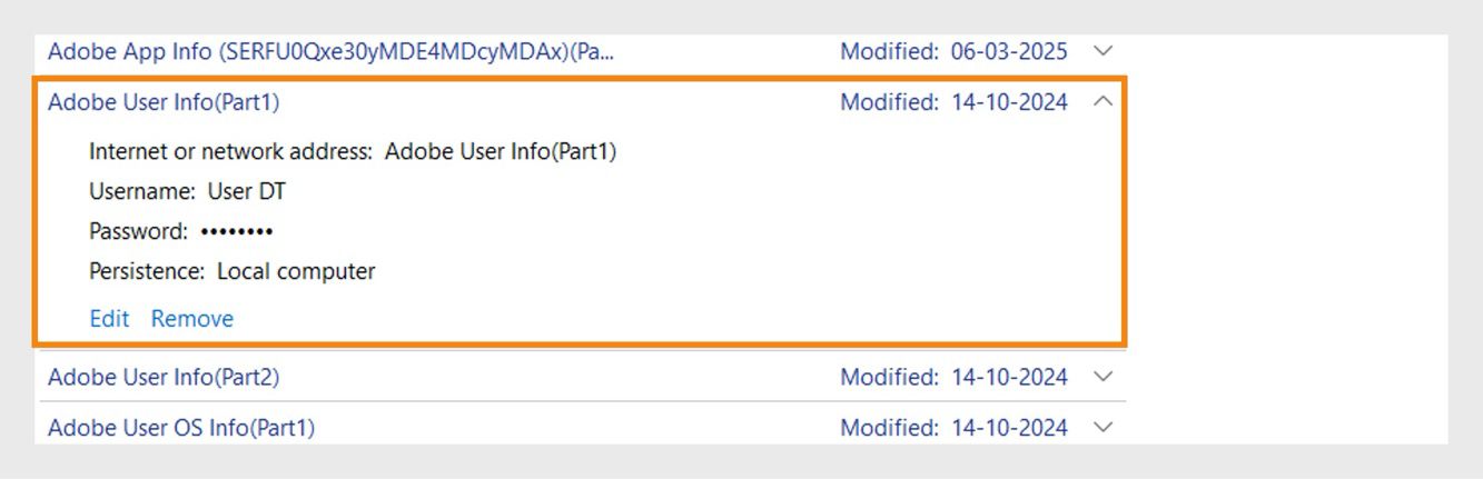 La finestra Credential Manager mostra tutte le credenziali, con opzioni per modificare o rimuovere i dettagli delle credenziali. 