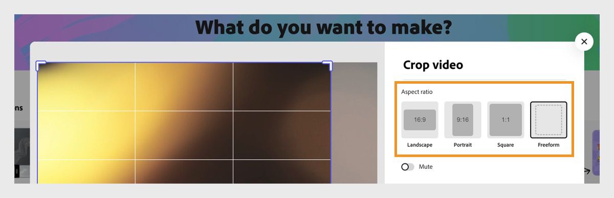 L’invite de recadrage vidéo s’ouvre dans l’action rapide de recadrage vidéo Adobe Express et dans la forme libre 
