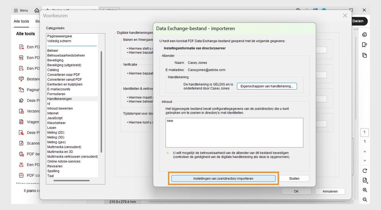 In het dialoogvenster Gegevensuitwisselingsbestand - Importeren worden de opties Eigenschappen van handtekening en Instellingen zoekdirectory importeren weergegeven. Hiermee kunt u de handtekeningstatus controleren en directory-instellingen importeren.