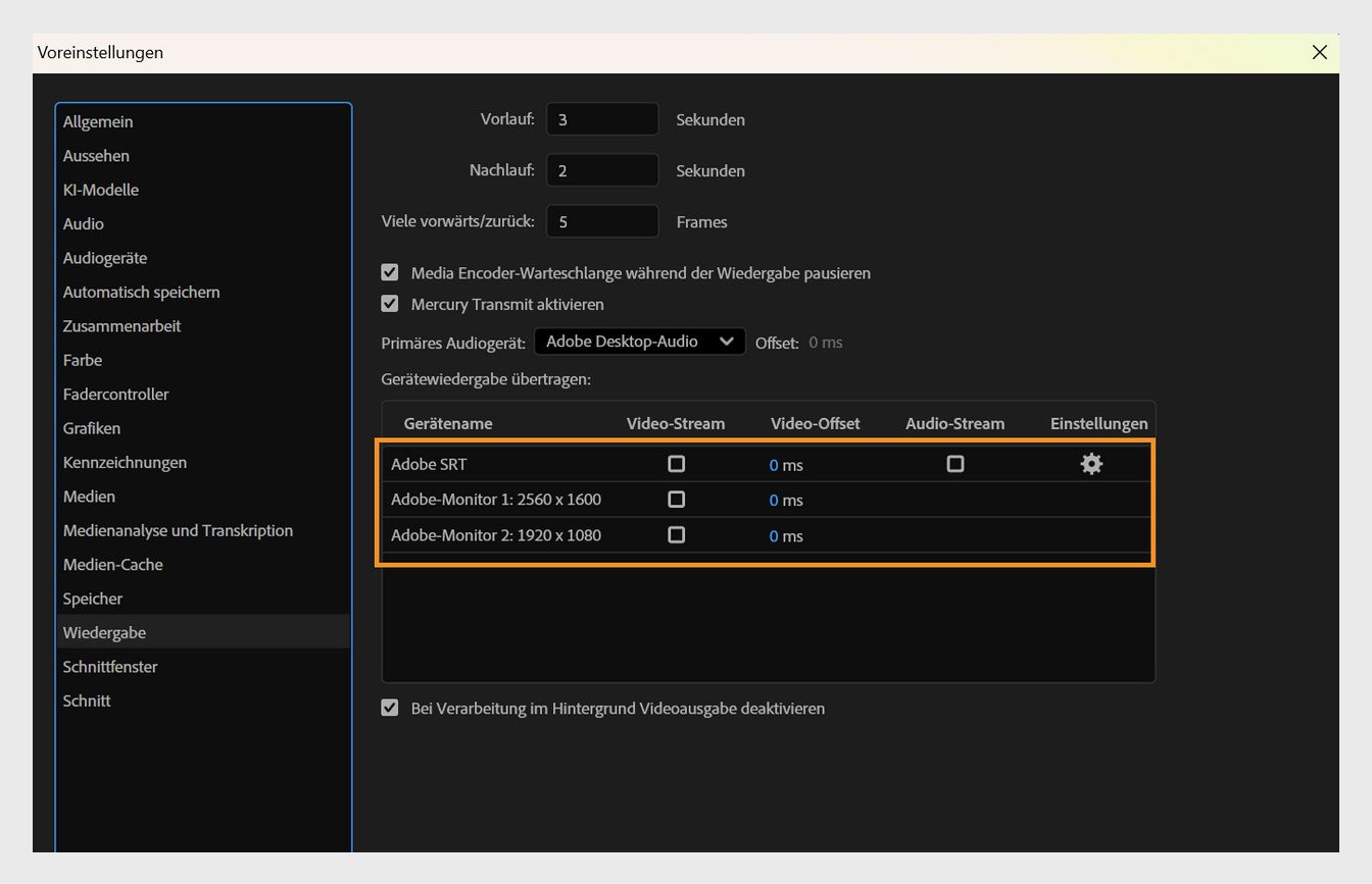 Die Optionen für Gerätenamen sind im Bereich „Wiedergabe“ des Dialogfelds „Voreinstellungen“ hervorgehoben.