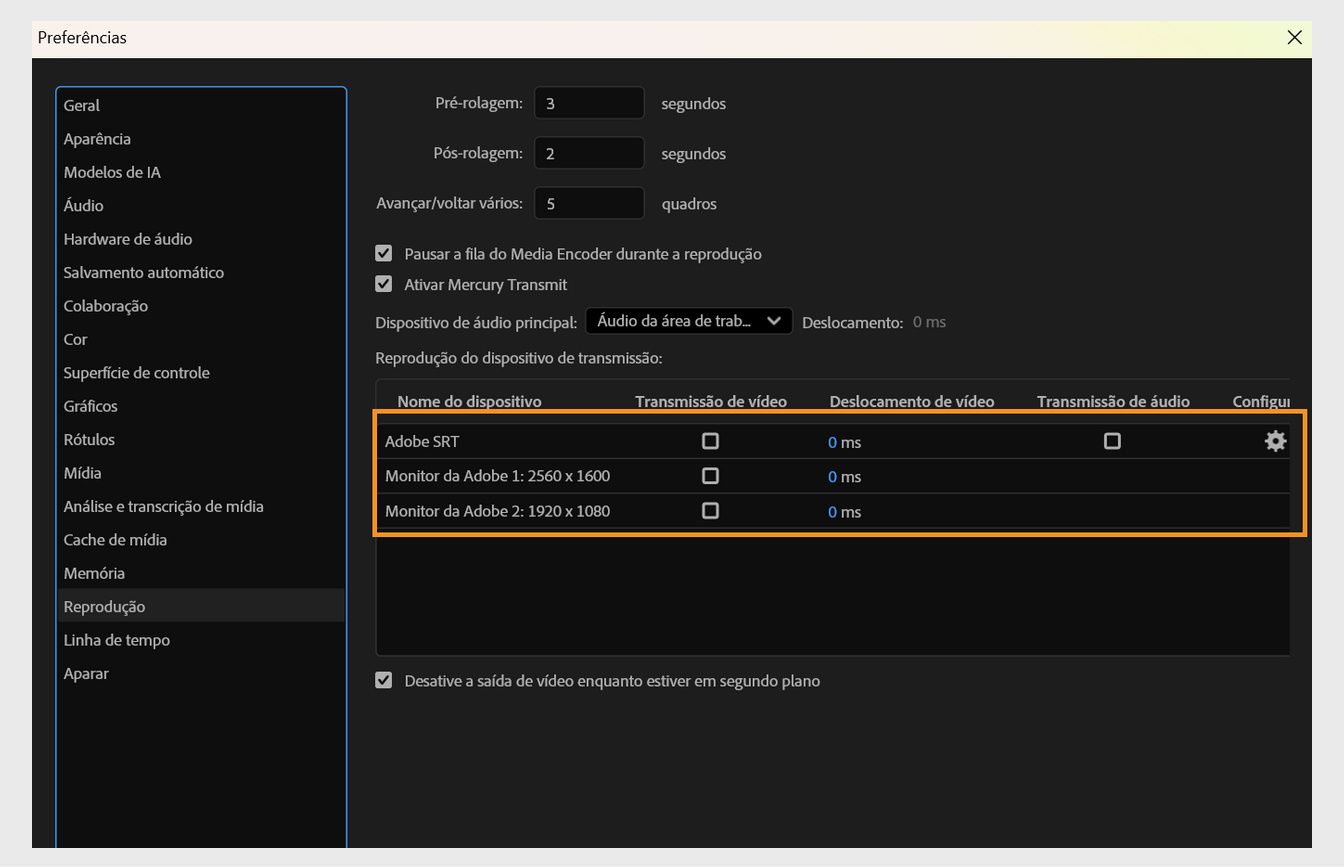 As opções de Nome do Dispositivo estão destacadas no painel Reprodução da caixa de diálogo Preferências.