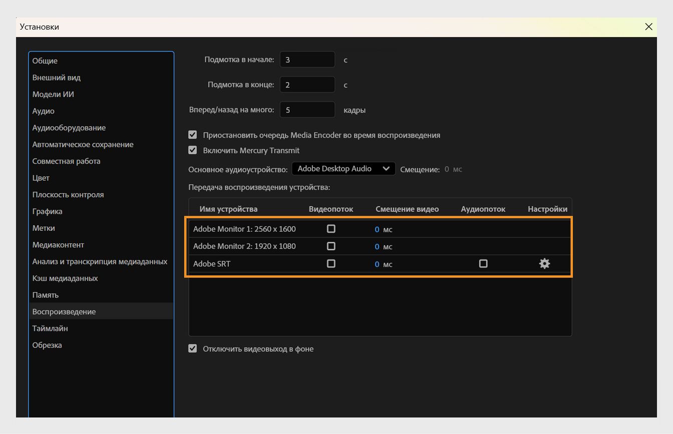 Параметры имени устройства выделены на панели «Воспроизведение» диалогового окна «Настройки».