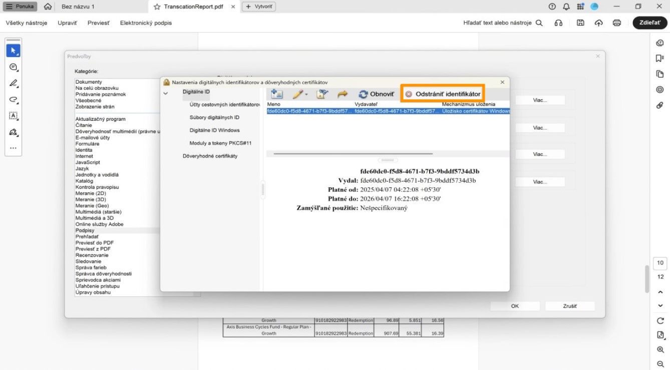 V dialógovom okne Nastavenia digitálneho ID a dôveryhodných certifikátov sa zobrazí vybraté digitálne ID a zvýraznená možnosť Odstrániť ID.