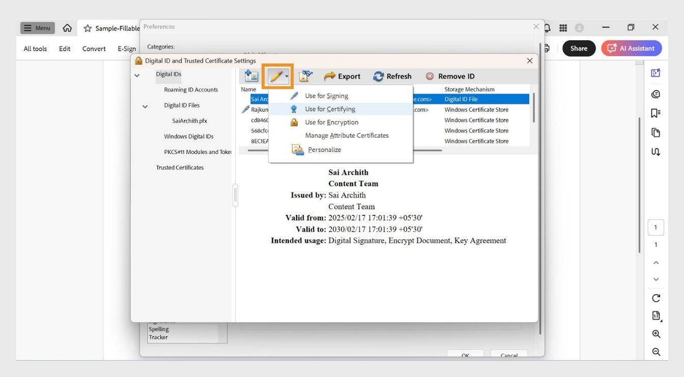 תיבת הדו-שיח Digital ID and Trusted Certificate Settings מציגה את התפריט Usage Options, שכולל אפשרויות כמו Use for Signing, ‏Use for Certifying, ‏Use for Encryption ועוד.