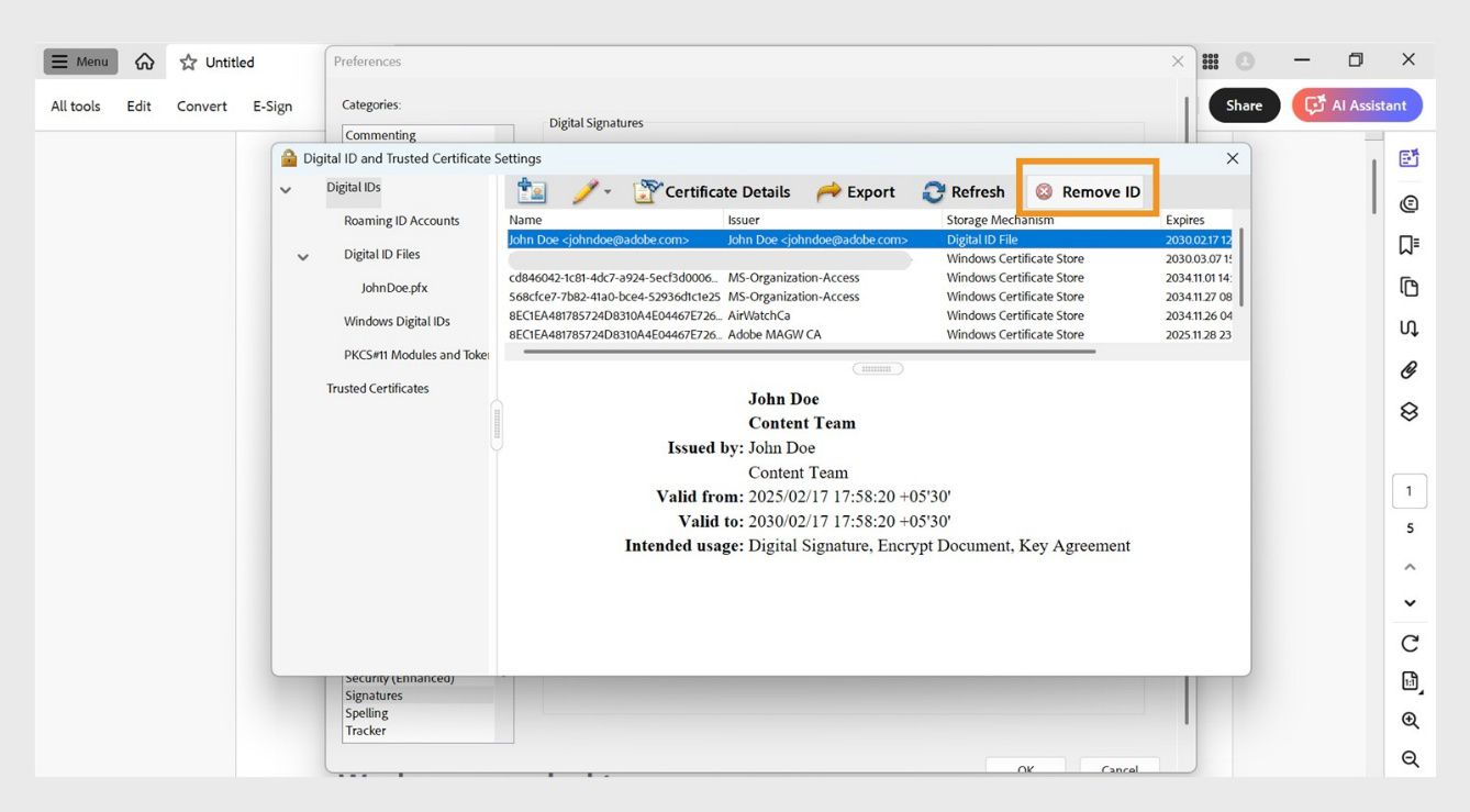 תיבת הדו-שיח Digital ID and Trusted Certificate Settings מציגה מזהה דיגיטלי שנבחר ואת האפשרות Remove ID מודגשת.