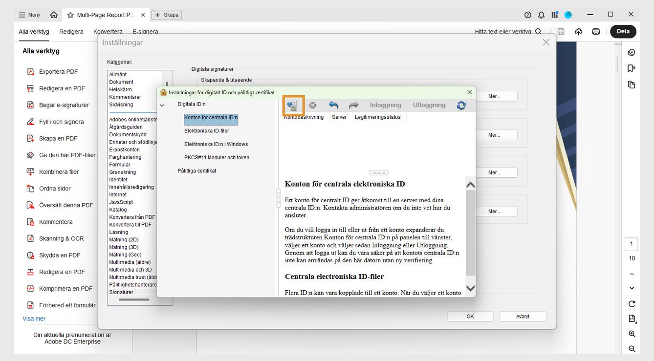 Dialogrutan för inställningar för digitalt ID och betrodda certifikat visar alternativet Lägg till ID tillsammans med Importera och Uppdatera under avsnittet Konton för roaming-ID.