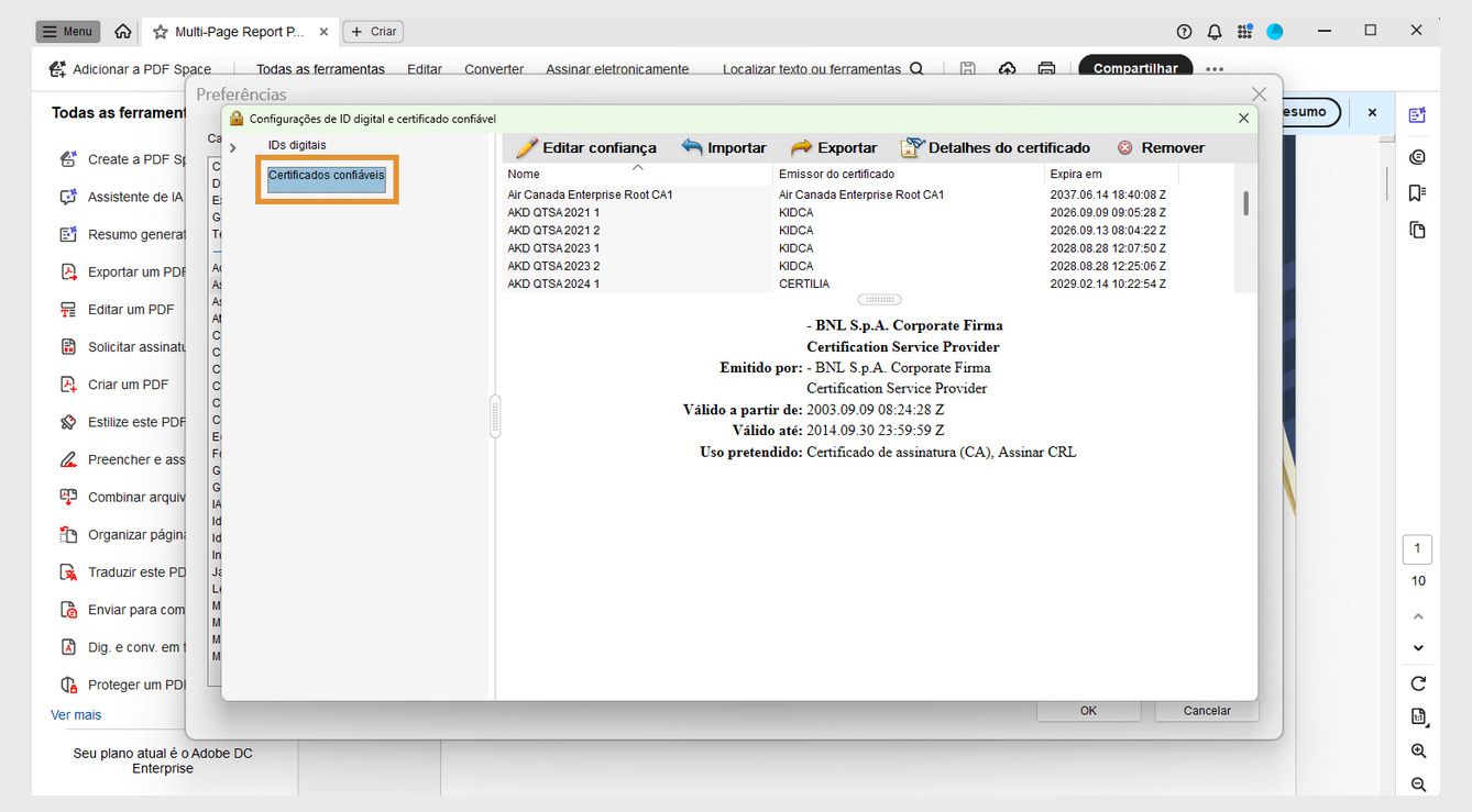 A caixa de diálogo Configurações de identificação digital e certificado confiável exibe a lista de certificados confiáveis com as seguintes opções: Editar confiança, Importar, Exportar, Detalhes do certificado e Remover.