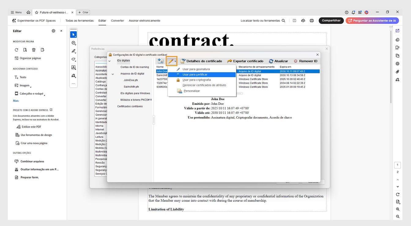 A caixa de diálogo Configurações de ID Digital e Certificado Confiável mostra o menu Opções de Uso, que inclui opções como Usar para Assinar, Usar para Certificar, Usar para Criptografia e mais.