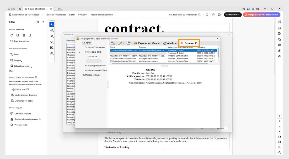 A caixa de diálogo Configurações de ID digital e certificado confiável mostra uma ID digital selecionada e a opção Remover ID destacada.