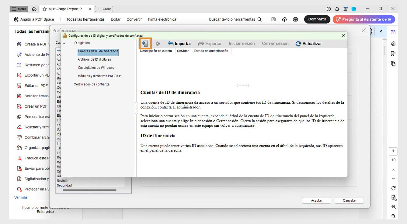 El cuadro de diálogo Configuración de ID digital y certificados de confianza muestra la opción Añadir ID junto con Importación y Actualizar en la sección Cuentas de ID móvil.