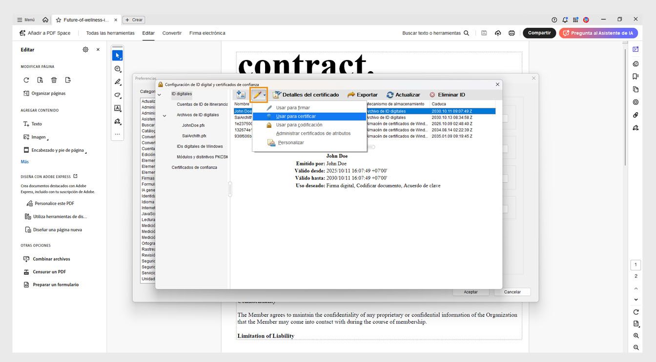 El cuadro de diálogo Configuración de ID digitales y certificados de confianza muestra el menú Opciones de uso, que incluye opciones como Usar para firmar, Usar para certificar, Usar para cifrar, etc.