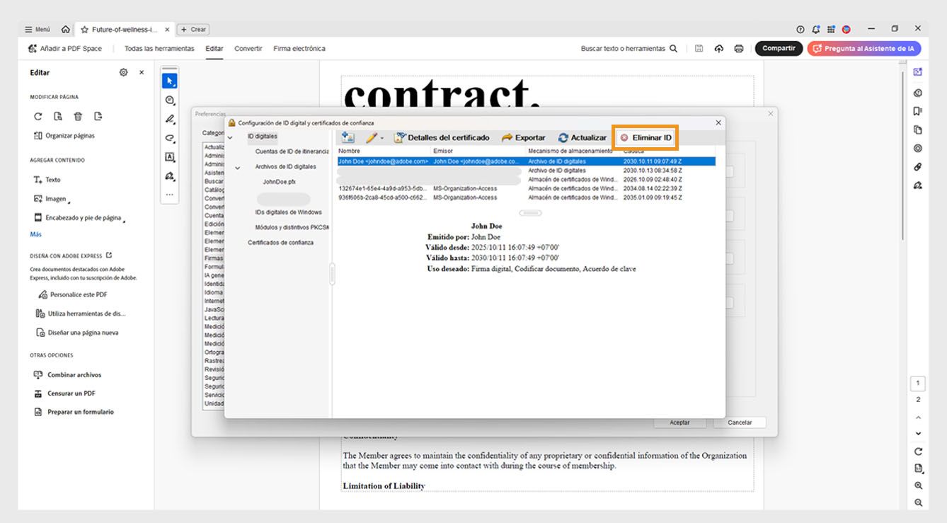 El cuadro de diálogo Configuración de ID digital y certificados de confianza muestra una identificación digital seleccionada y la opción Eliminar ID resaltada.