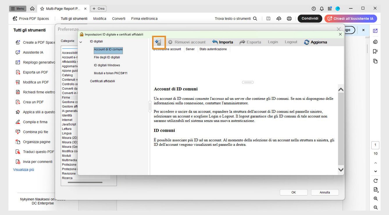La finestra di dialogo Impostazioni ID digitale e certificato attendibile mostra l’opzione Aggiungi ID insieme a Importazione e Aggiorna nella sezione Account ID in roaming.