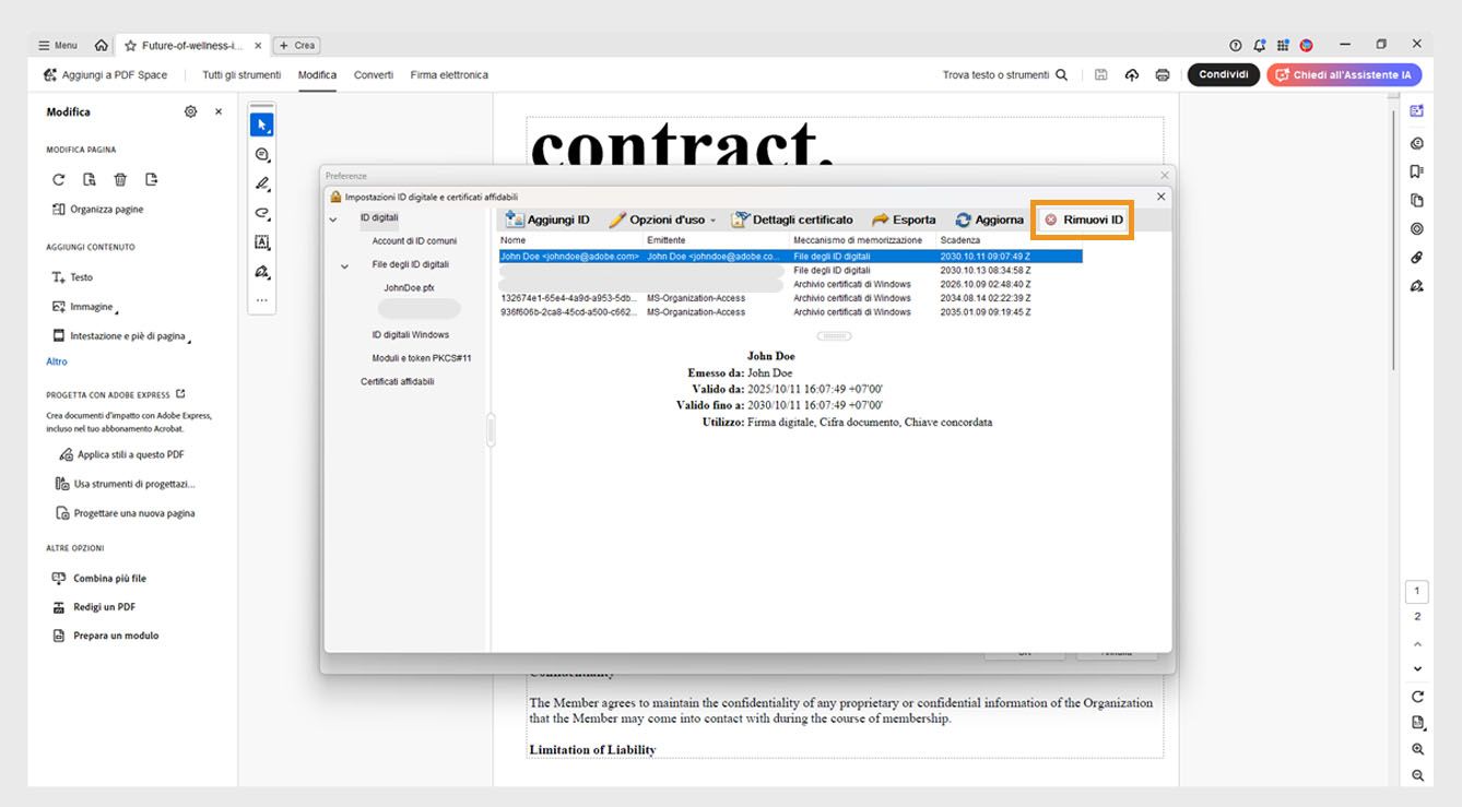 La finestra di dialogo Impostazioni ID digitale e certificato attendibile mostra un ID digitale selezionato e l’opzione Rimuovi ID evidenziata.