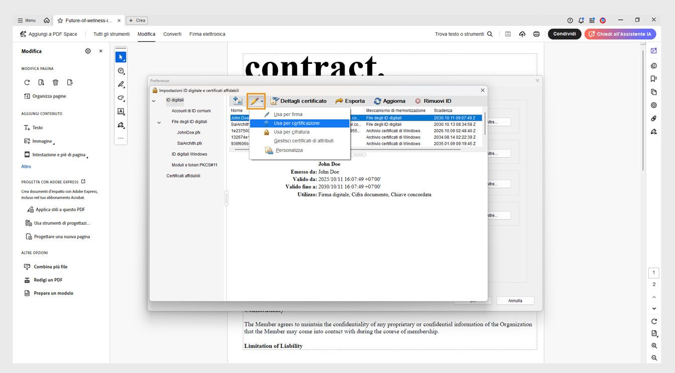 La finestra di dialogo Impostazioni ID digitale e certificato attendibile mostra il menu opzioni di utilizzo, che include opzioni come Usa per la firma, Usa per la certificazione, Usa per la cifratura e altro.