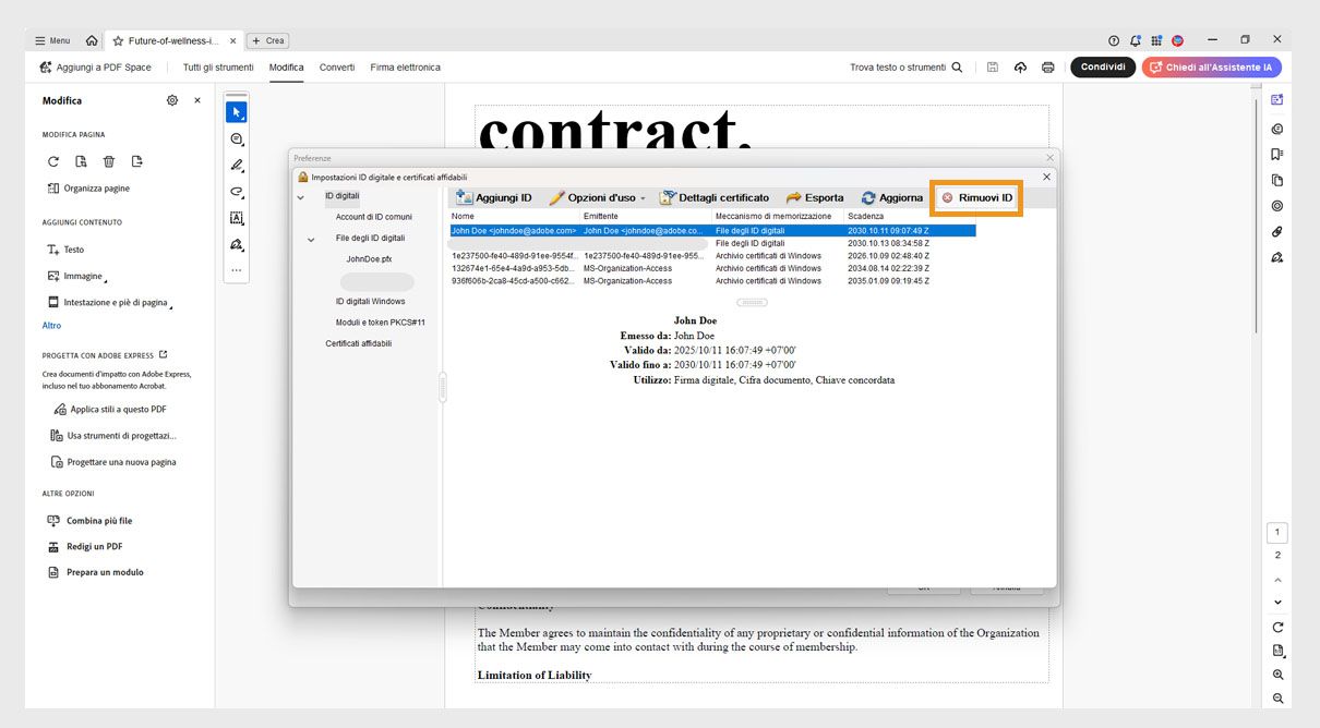 La finestra di dialogo Impostazioni ID digitale e certificato attendibile mostra un ID digitale selezionato e l’opzione Rimuovi ID evidenziata.
