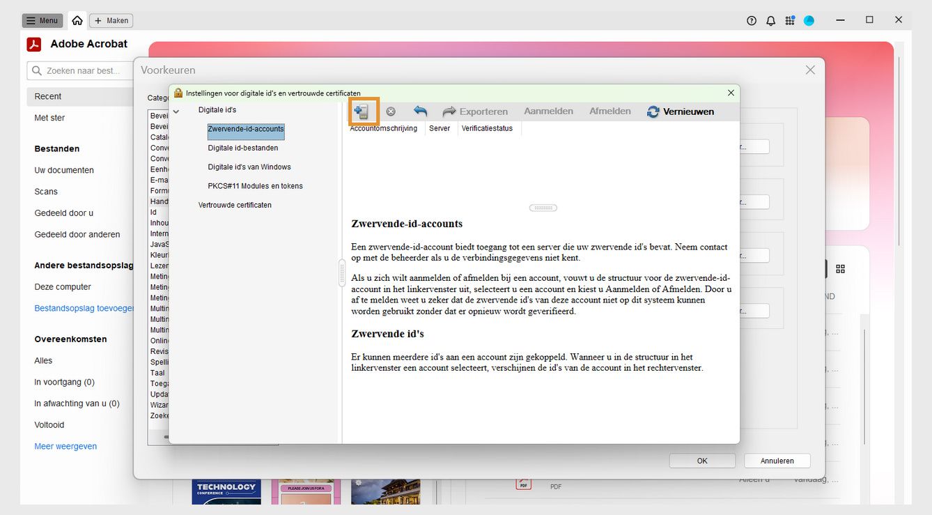 In het dialoogvenster Instellingen voor digitale ID en vertrouwde certificaten worden de optie ID toevoegen weergegeven, samen met Importeren en Vernieuwen onder het gedeelte Roaming-ID-accounts.