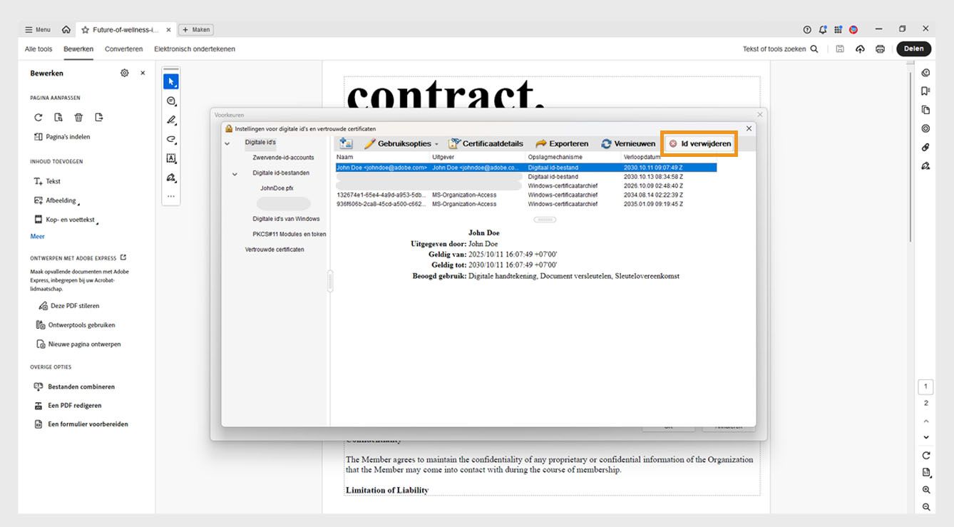 In het dialoogvenster Instellingen voor digitale ID en vertrouwd certificaat wordt een geselecteerde digitale ID weergegeven en is de optie ID verwijderen gemarkeerd.