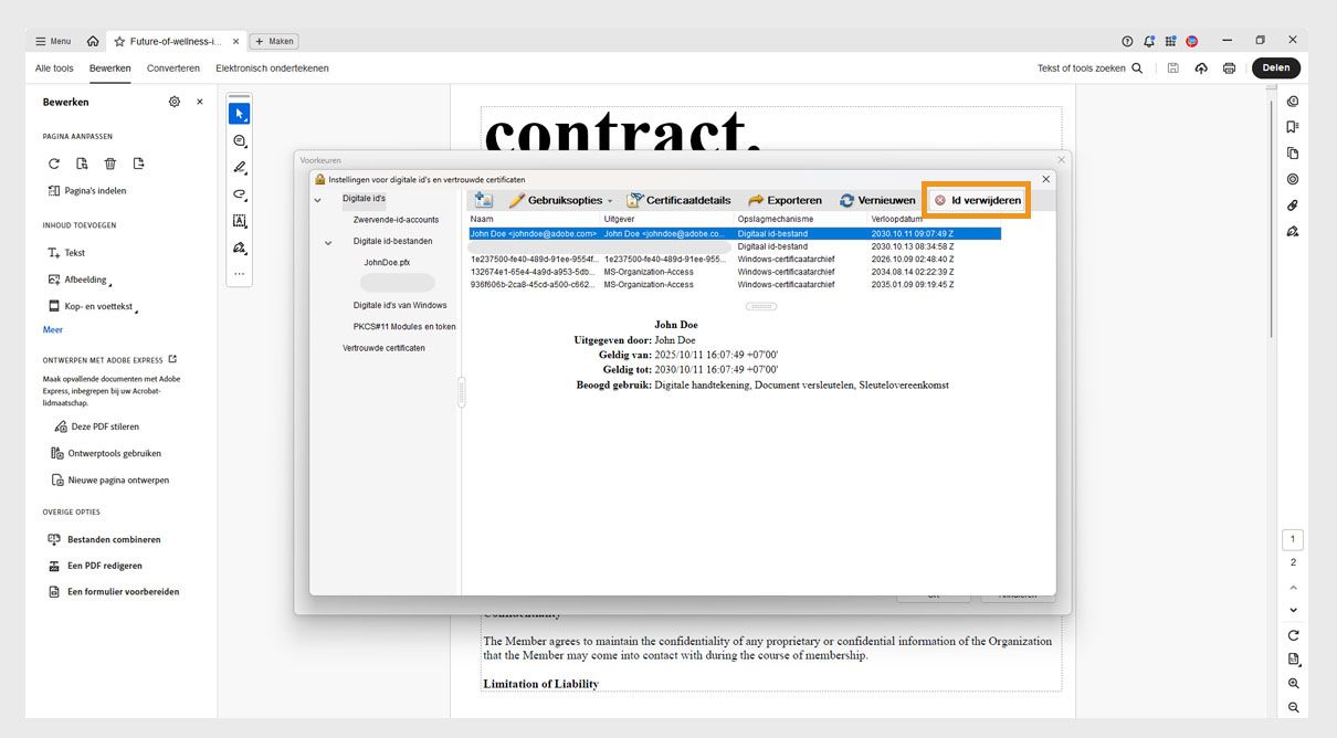 In het dialoogvenster Instellingen voor digitale ID en vertrouwd certificaat is een digitale ID geselecteerd en is de optie ID verwijderen gemarkeerd.