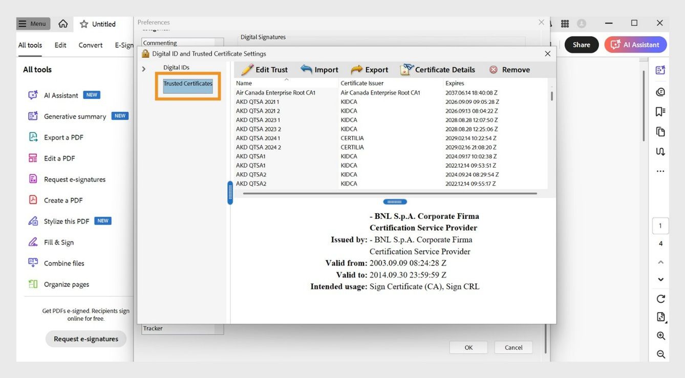 Das Dialogfeld für Einstellungen zu digitalen IDs und vertrauenswürdigen Zertifikaten zeigt die Liste der vertrauenswürdigen Zertifikate mit folgenden Optionen an: Vertrauen bearbeiten, Import, Export, Zertifikatdetails und Entfernen.