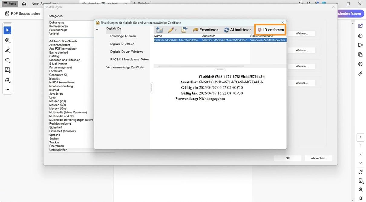 Das Dialogfeld für digitale ID- und vertrauenswürdige Zertifikateinstellungen zeigt eine ausgewählte digitale ID und die hervorgehobene Option „ID entfernen“.