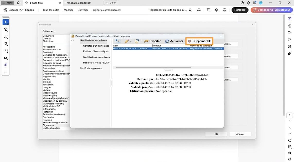 La boîte de dialogue Paramètres d'ID numérique et de certificat de confiance affiche un ID numérique sélectionné et l'option Supprimer l'ID mise en surbrillance.