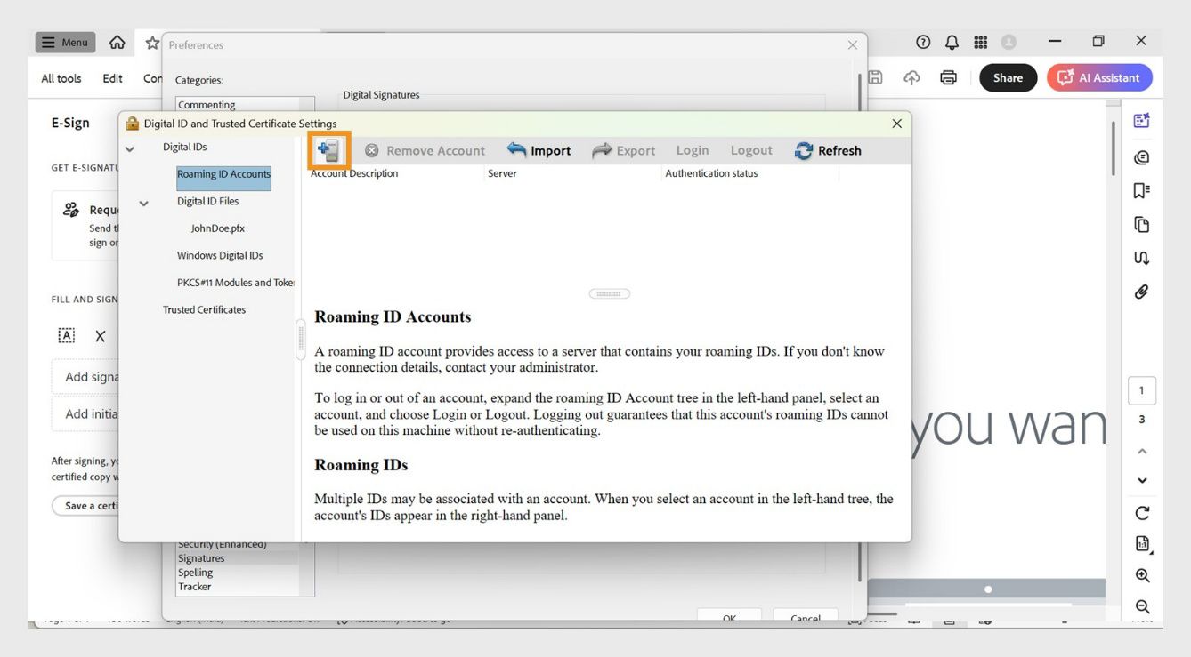 Ipinapakita ng dialog box ng Mga Setting ng Digital ID at Trusted Certificate ang opsyong Add ID kasama ang Import at Refresh sa ilalim ng seksyong Roaming ID Accounts.